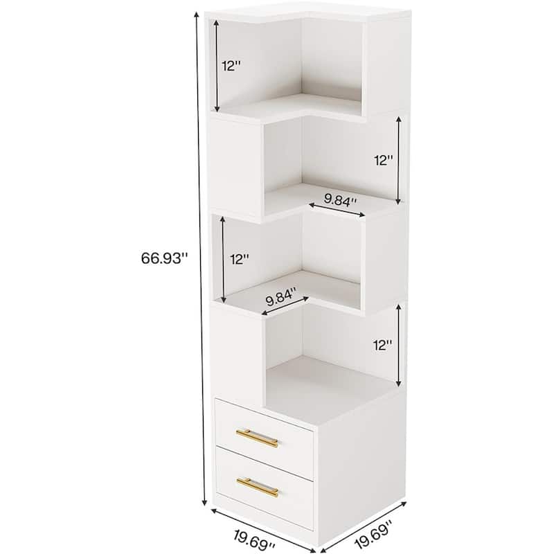 White 5-Tier Corner Bookshelf with 2 Drawers L-Shaped Storage Shelf for Living Room Bedroom Office - 19.69" x 19.69" x 66.93"