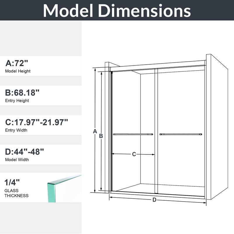 44"-48"W*72" H Semi-Frameless Double Sliding Shower Door, Bypass Shower Door, 1/4" (6mm) Thick SGCC Tempered Glass Door