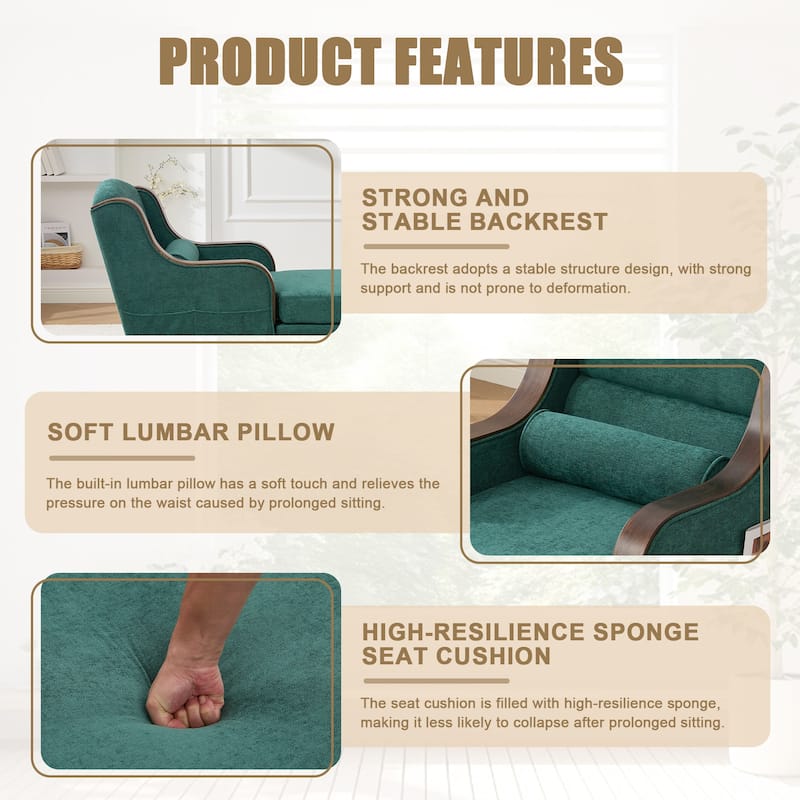 Ergonomic Chaise Lounge Indoor Chenille Single Lazy Sleeper Sofa Bed with Side Pockets, Solid Wood Armrests and Foots