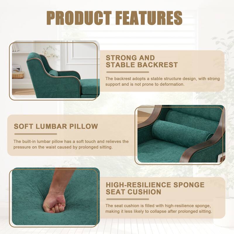 HOMEFUN Chenille Upholstered Wood Frame Oversized Chaise Lounge Single Sofa Bed with Side Pocket for Living Room,Bedroom