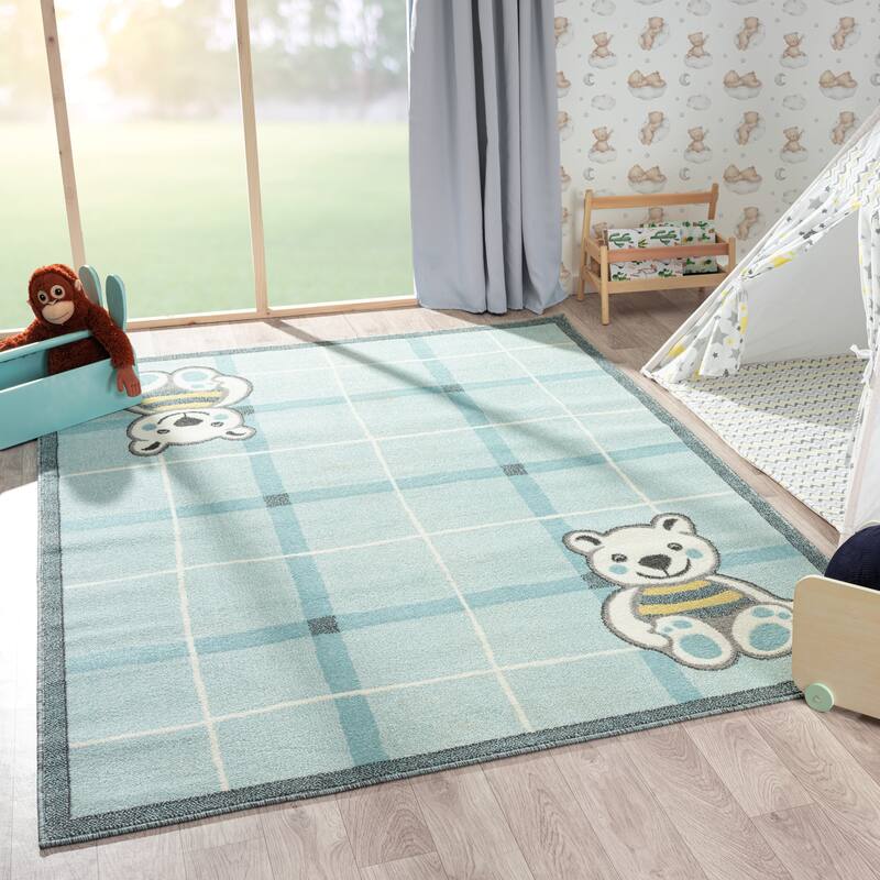Kids Teddy Bear Plaid Area Rug - 5'3" x 7'3" - Blue