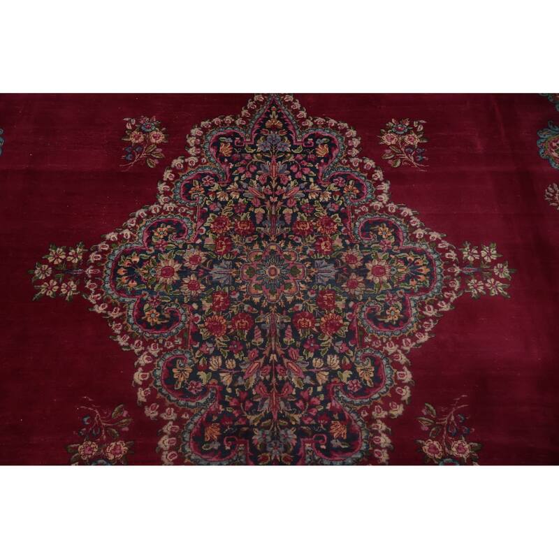 Hand Knotted Oriental 100% Wool Carpet Traditional Floral Pink Kerman Area Rug - 13' 10'' X 9' 9''