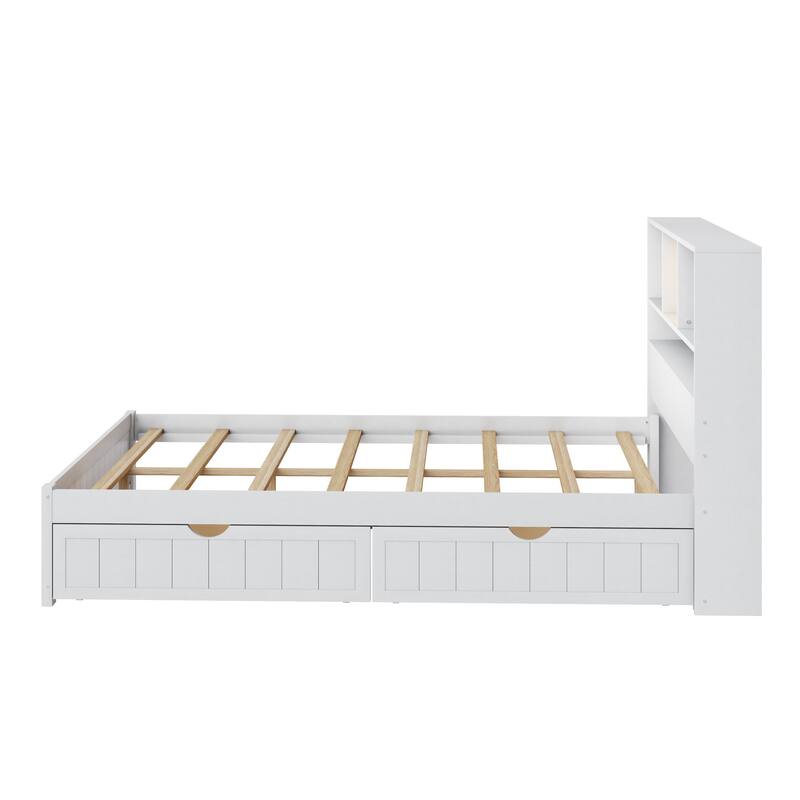Wood Platform Bed with Bookcase Headboard, Built-in Downlight, Charging Station & 2 Side Drawers