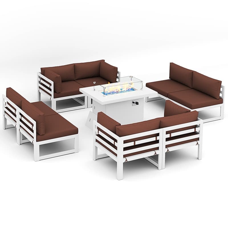 FINCATI 9-piece Extra-large Luxury Aluminum Patio Furniture Set with Deep Seating and Convertible 43'' Fire Pit Table