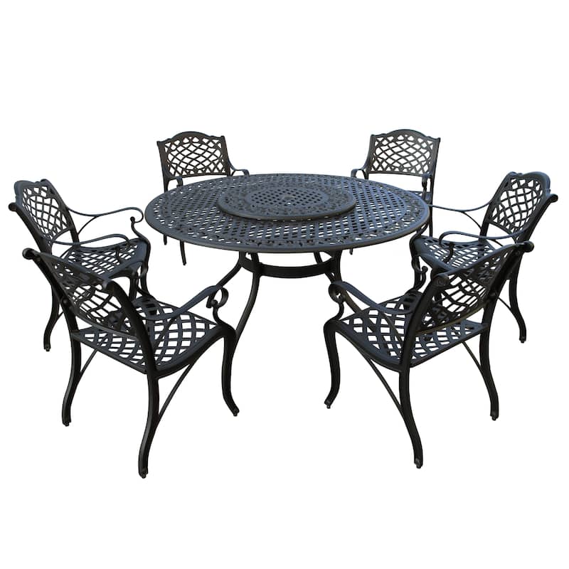 Modern Ornate Outdoor Mesh Aluminum 59-in Large Round Patio Dining Set with Lazy Susan and Six Chairs - N/A - Black