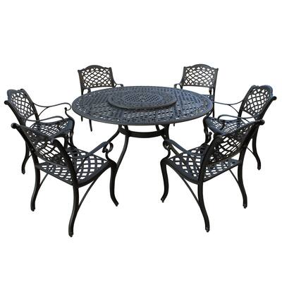 Modern Ornate Outdoor Mesh Aluminum 59-in Large Round Patio Dining Set with Lazy Susan and Six Chairs - N/A