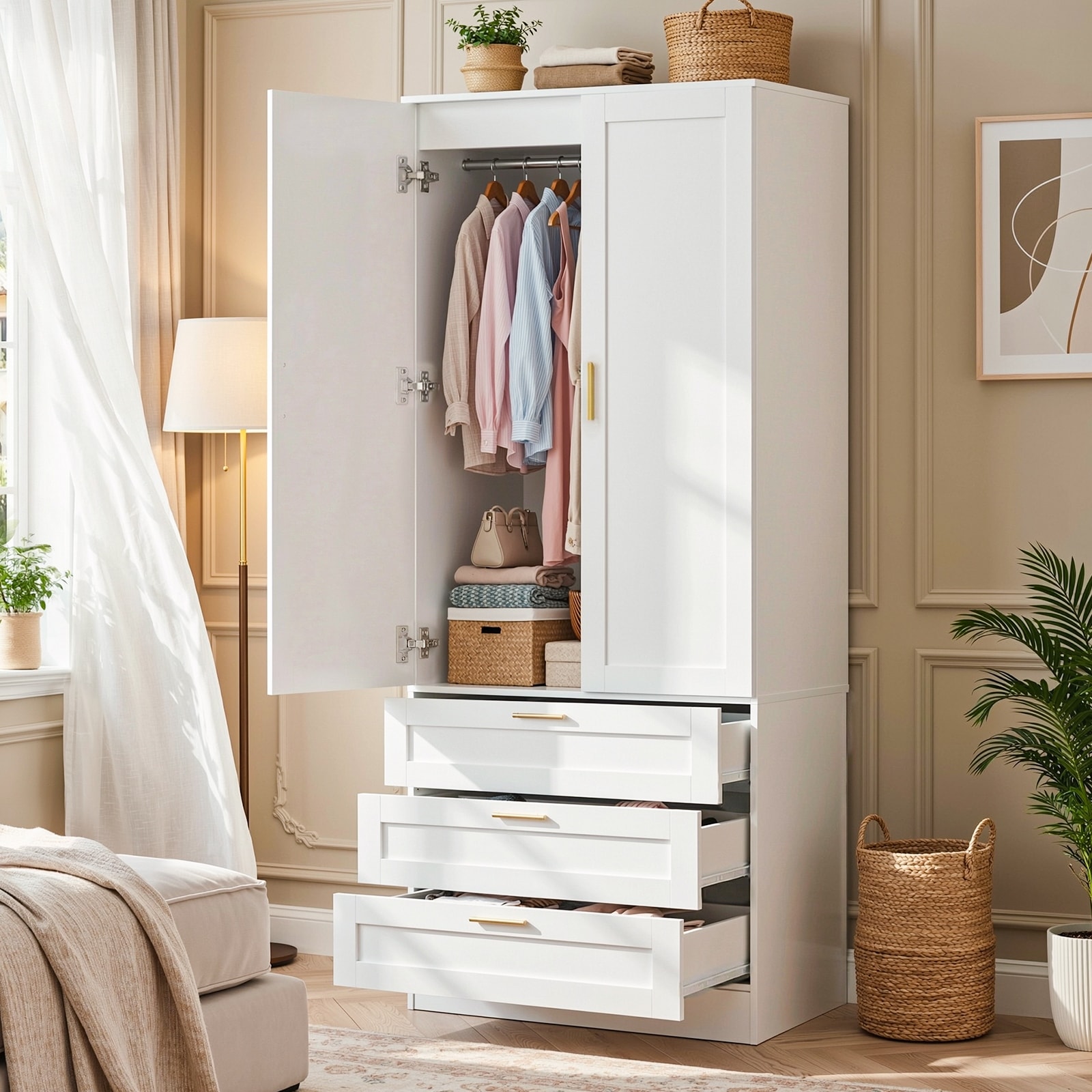 Modern Armoire Wardrobe Cabinet with Wooden Drawers, Freestanding Closet Organizer with Hanging Rods