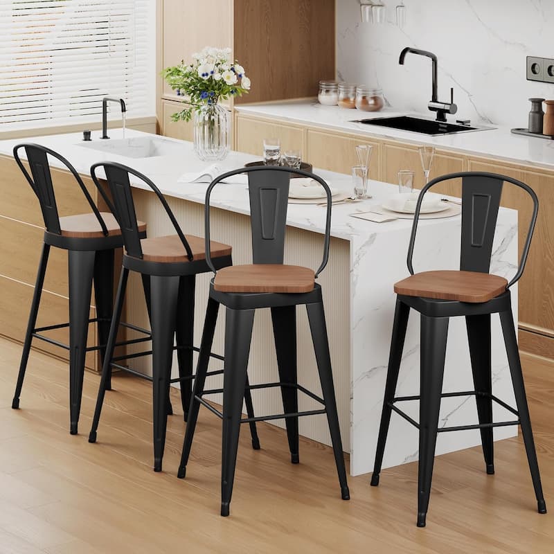 Swivel Counter & Bar Stools with Metal Frame Farmhouse 26" and 30" Seat Height Kitchen Barstools with High Back and Wooden Seat