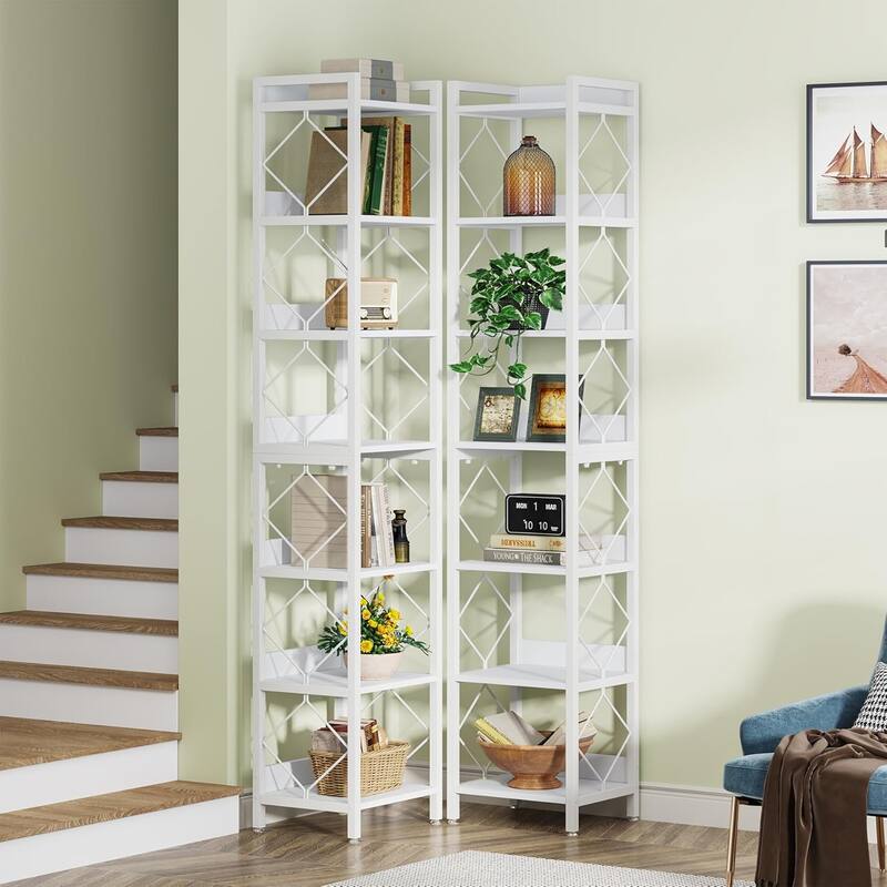 78.7" White Bookshelf, 7 Tier Tall Skinny Bookcase Freestanding Narrow Display Shelves