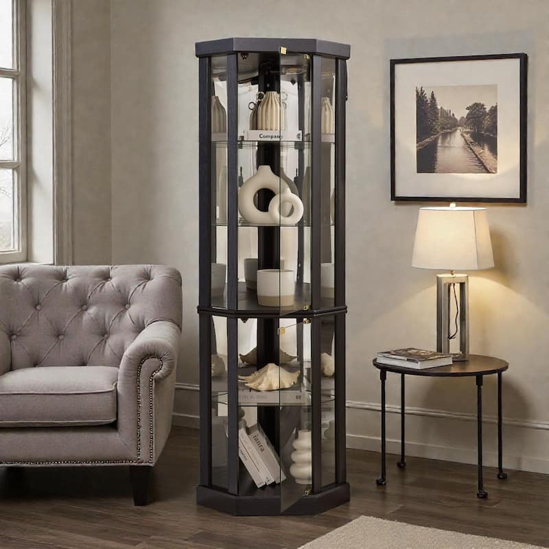 Lighted Corner Curio Cabinet with Glass Doors, Elegant Display Case for Living Room Bar and Wine Storage