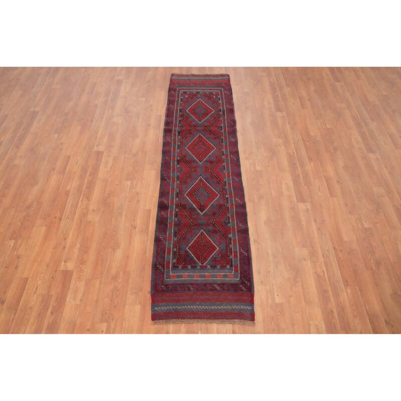 Hand Knotted Oriental 100% Wool Carpet Traditional Tribal Navy Blue & Blues Balouch Runner Rug - 7' 10'' X 1' 11''