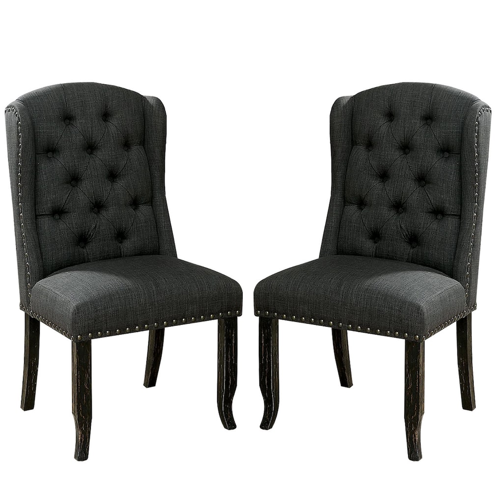 Bega 23 Inch Dining Chair, Set of 2, Wingback, Button Tufted, Black, Gray