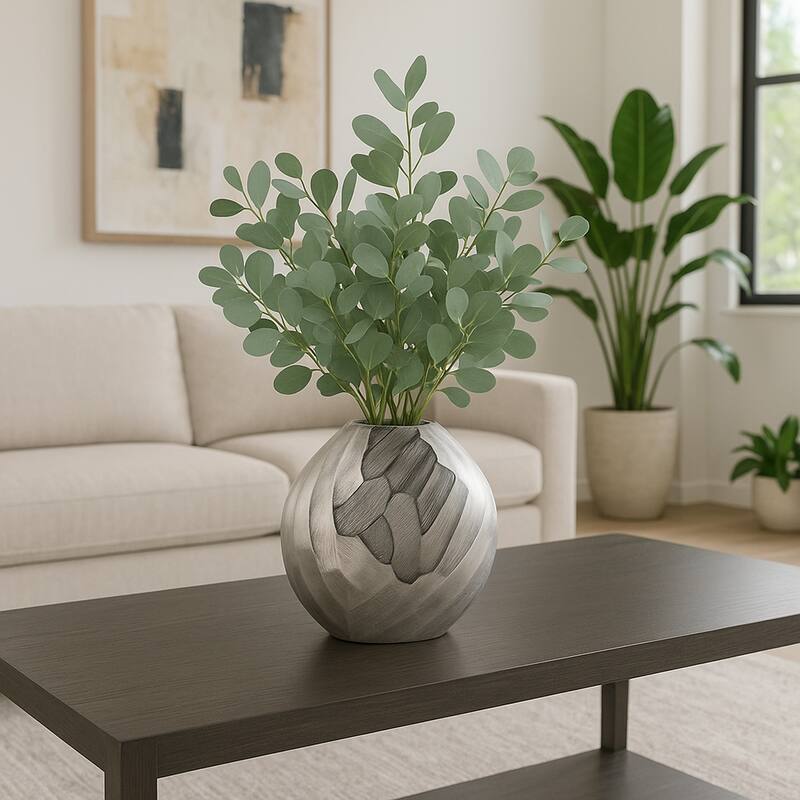 Modern Round Metal Table Vase - Flower Vase - Silver/ Metallic - 10.75"