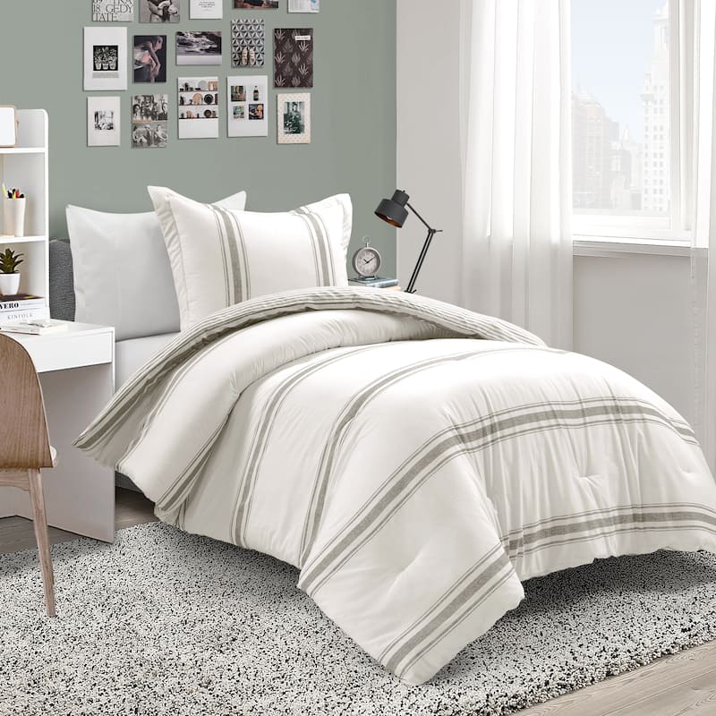 Lush Decor Farmhouse Stripe Reversible Cotton 2 Piece Comforter Set - Grey