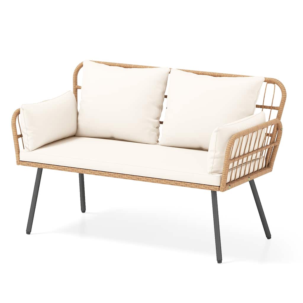Gymax Patio Wicker Loveseat Furniture w/Seat Back Cushions Heavy-Duty