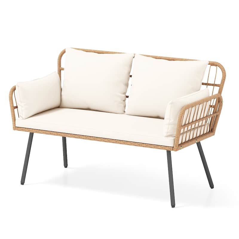 Gymax Patio Wicker Loveseat Furniture w/Seat Back Cushions Heavy-Duty - White