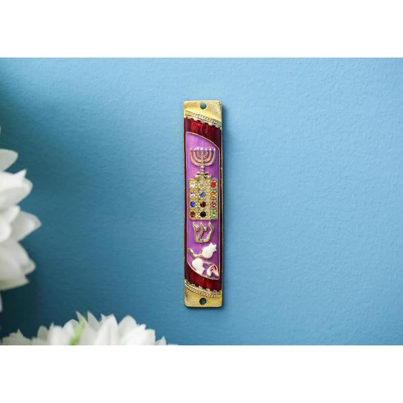 Matashi Hand Painted Enamel Mezuzah Embellished w/ Menorah, Priestly Breastplate