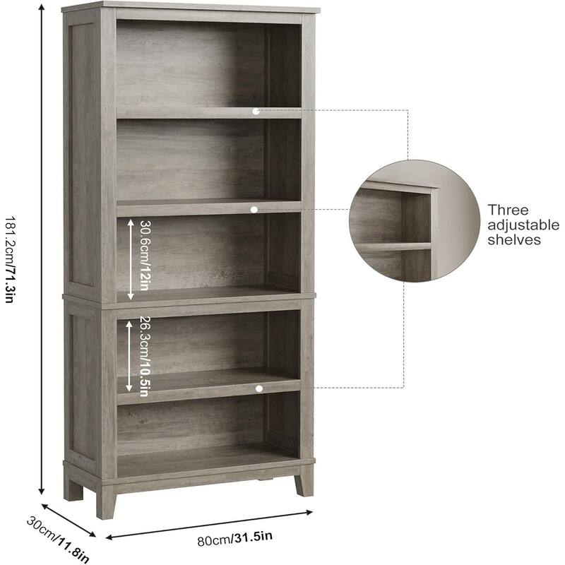 71" 5 Tier Farmhouse Bookshelf with Adjustable Shelves for Living Room - N/A