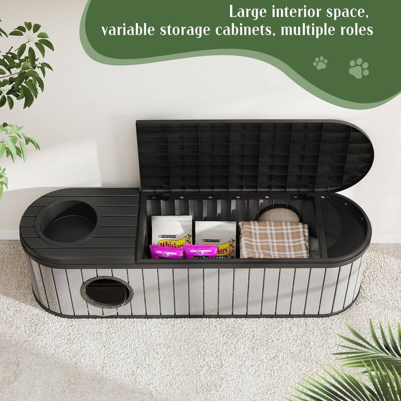 Hidden Cat Tunnel Bench, Living Room Side Table with Storage, Pet Feeding Station and Covert Playhouse