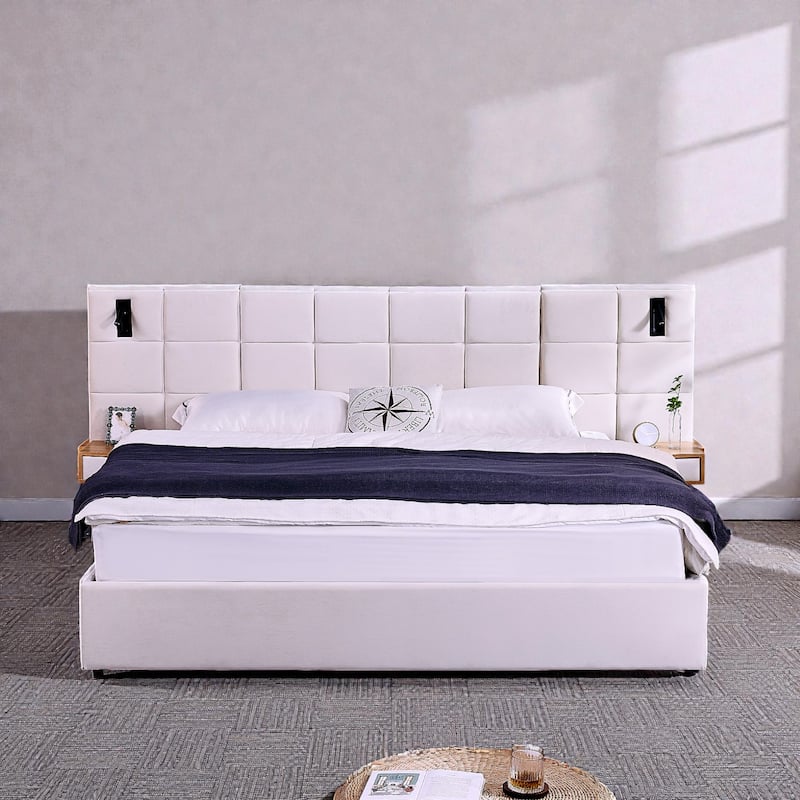 King Size Velvet Upholstered Hydraulic Storage Platform Bed with Shelves, Reading Lamps & USB Charging Port - Beige - King