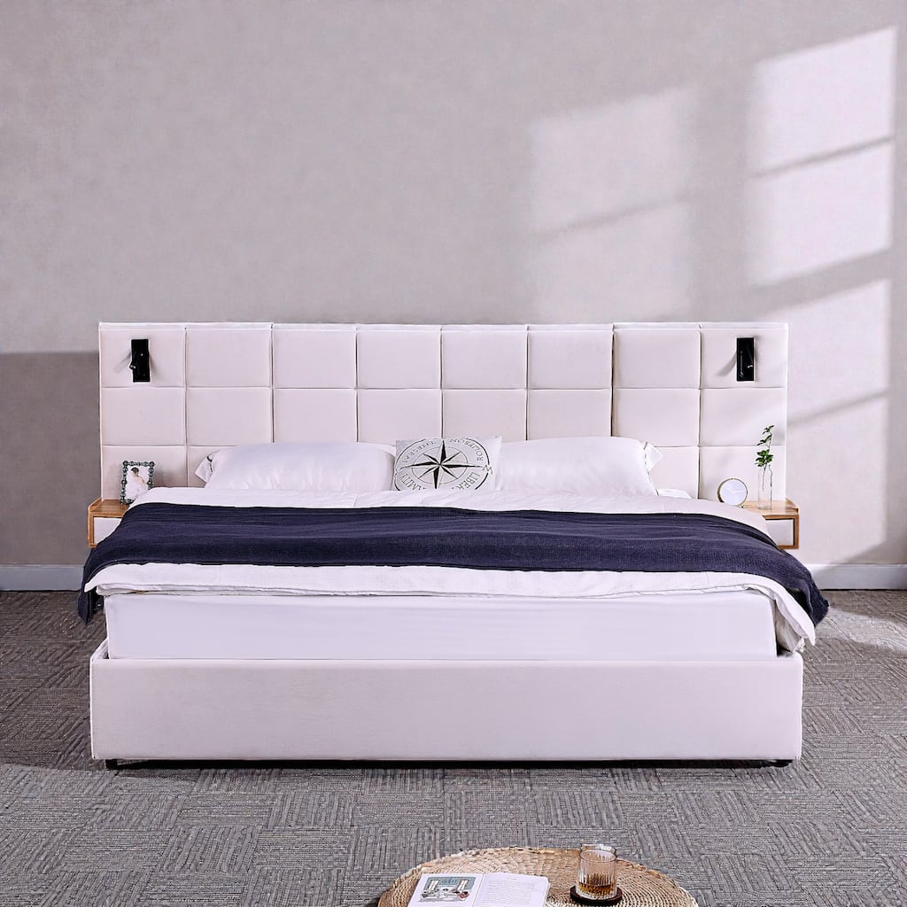 King Size Velvet Upholstered Hydraulic Storage Platform Bed with Shelves, Reading Lamps & USB Charging Port