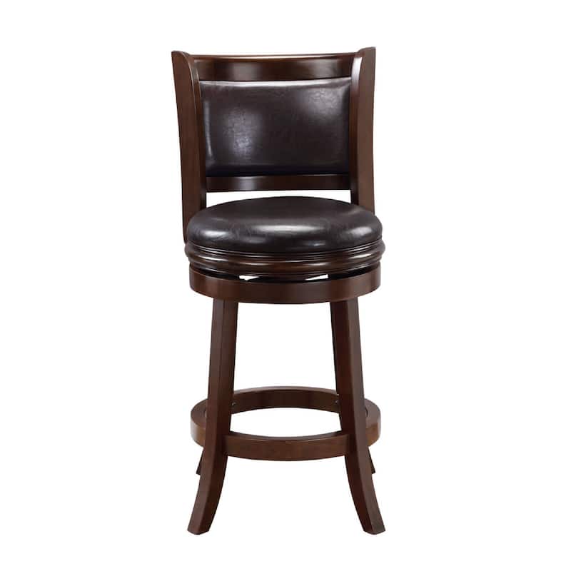 Pal 24 Inch Swivel Counter Stool, Solid Wood, Faux Leather, Cappuccino Brown