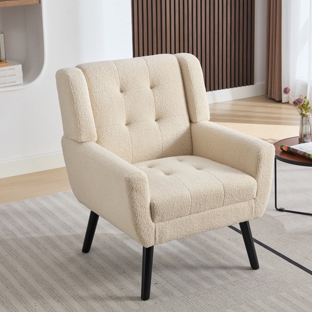 White Teddy 29.53" Buttons Tufted Accent Chair with Black Legs