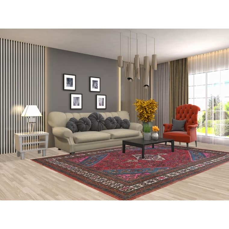 Pink & Turquoise Hamedan Persian Vintage Area Rug Handmade Wool Carpet - 6'10" x 9'8"