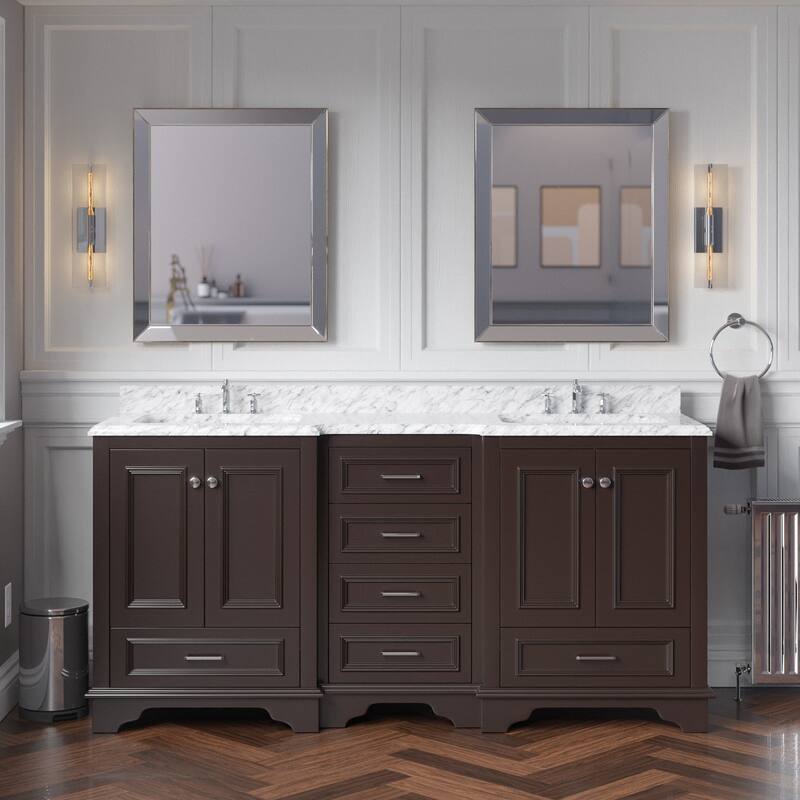 KitchenBathCollection Nantucket 72" Double Bathroom Vanity with Carrara Marble Top