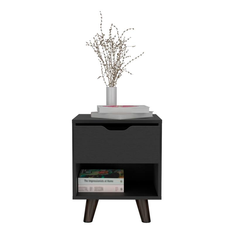 Contemporary Nightstand with Drawer & Open Shelf, Wooden Legs & Modern Design