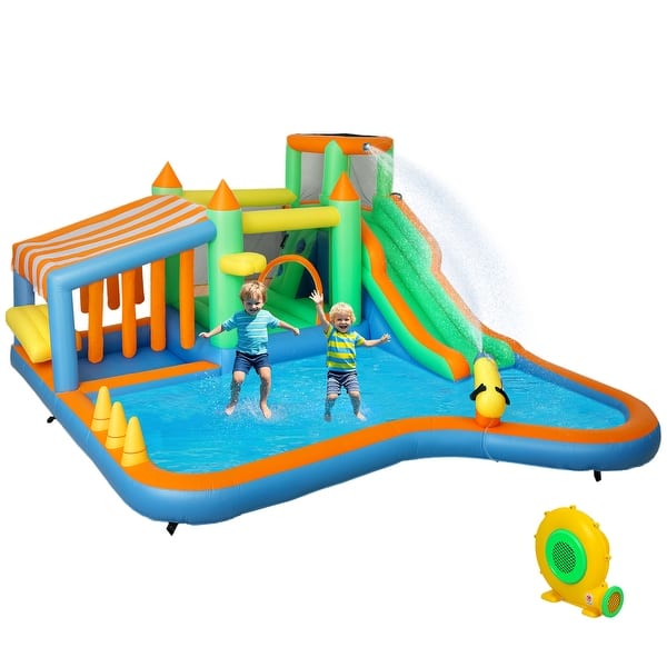 slide 2 of 9, Qaba Inflatable Bounce House with Water Slide and Large Splash Pool, 8 in 1 Bouncy Water Park with 680W High Power Blower multicolored