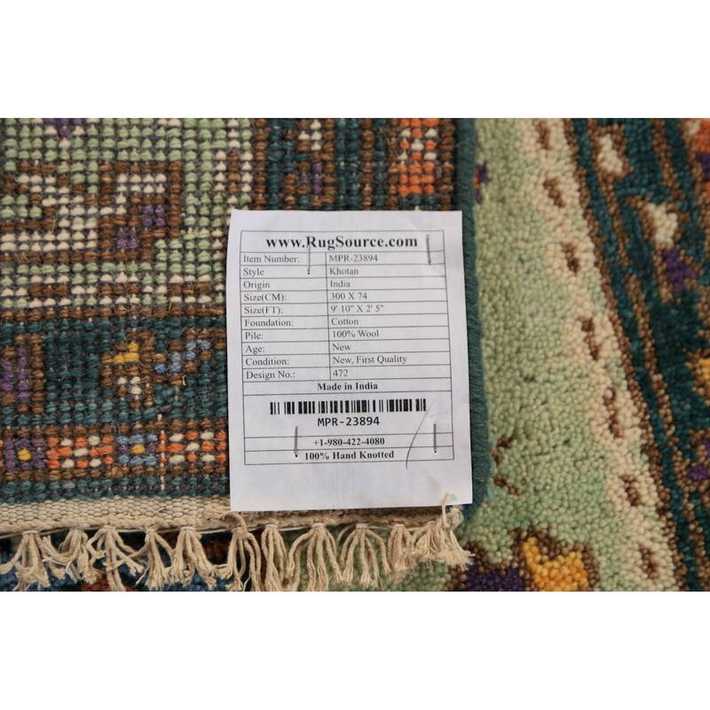 Light Green Khotan Indian Runner Rug Handmade Wool Carpet - 2'5"x 9'10"
