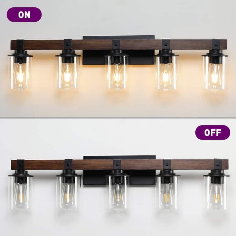 Vanity Light, Industrial Bathroom Wall Sconce with Glass Shades and Wood Accent, Modern Farmhouse Lighting Fixture (No Bulbs)