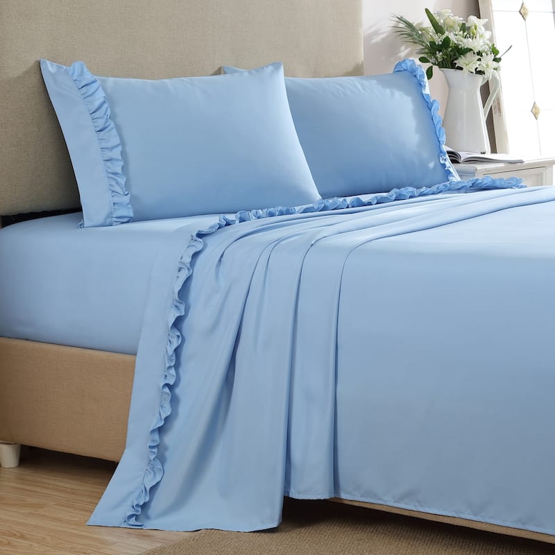 Home Essential Luxurious Silky Ruffle Hem Microfiber Bedding Sheet Set - King - Blue Bell