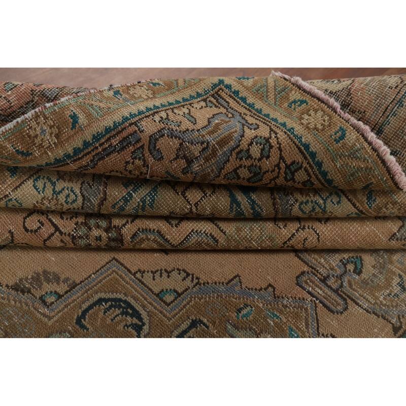 Distressed Tabriz Vintage Persian Rug Handmade Peach Wool Carpet - 9'9" x 12'9"