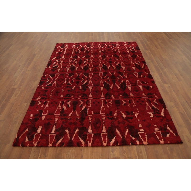 Hand Knotted Oriental 100% Wool Carpet Modern Geometric Red Gabbeh Area Rug - 7' 6'' X 5' 6''