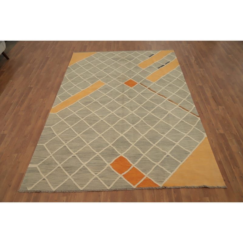 Hand Woven Oriental 100% Wool Carpet Southwestern Modern Greys & Charcoal Kilim Area Rug - 9' 6'' X 6' 6''
