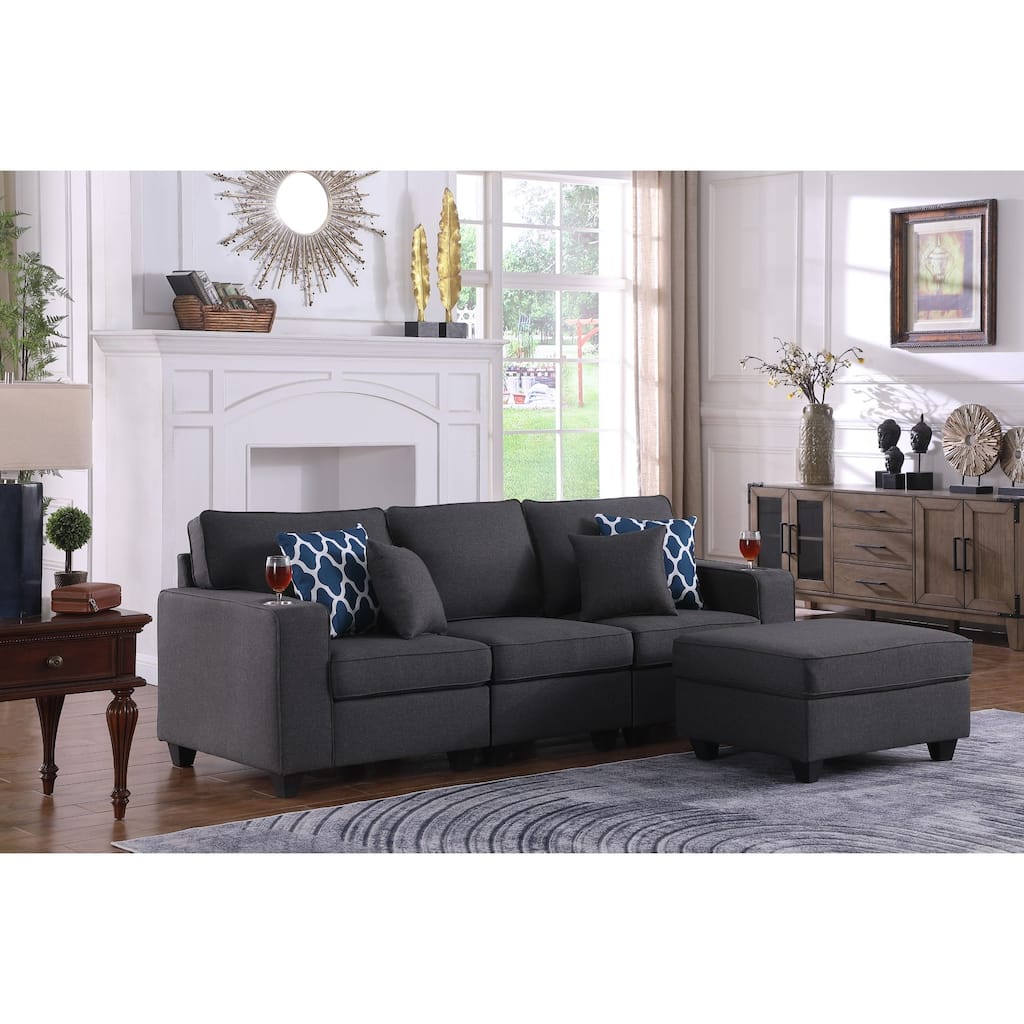 Linen Upholstered Sofa with Ottoman in Dark Gray
