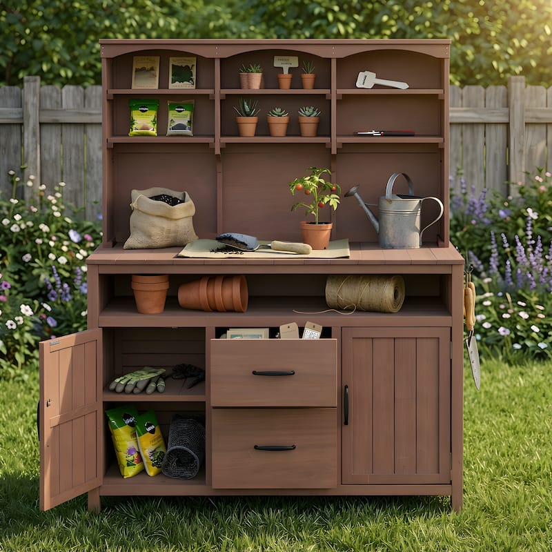 45" Fir Wood Outdoor Potting Bench with Hutch, Cabinets, and Drawers - Brown/Black