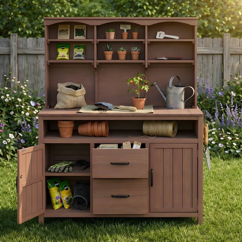 Roomfitters Outdoor Garden Potting Bench with Storage Hutch, Potting Table with Drawers and Cabinets, Shelves - Brown