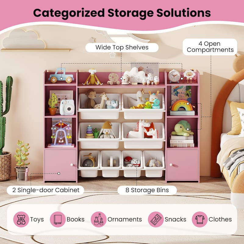 56" Kids Storage Shelf with 8 Removable Bins Rounded and Corners Anti-Tip Design - 56" x 12" x 39"