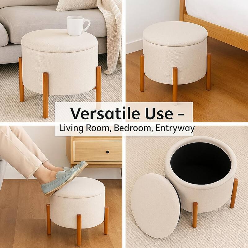 Modern Linen Ottoman with Pine Legs and Hidden Storage Flip Tray