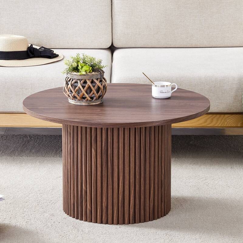 Modern Round Coffee Table with Cylindrical Legs Wooden Center Table with Concealed Storage Space Living Room Tea Table