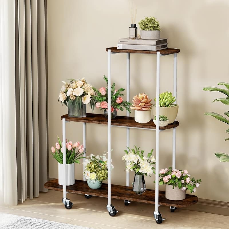 Corner Plant Stand Indoor 3 Tiered Plant Shelf Flower Stand with Wheels for Living Room Patio Balcony Garden