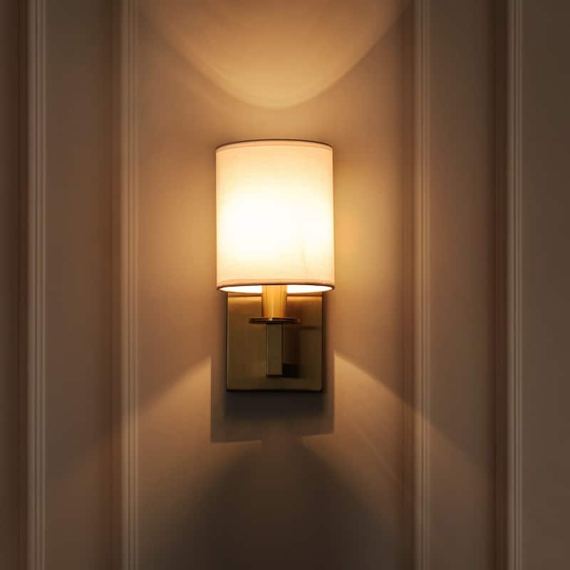 1-Light 5.5" W Modern Gold Cylinder Metal Flush Mount Wall Sconce/Bathroom Vanity Light with White Fabric Shade