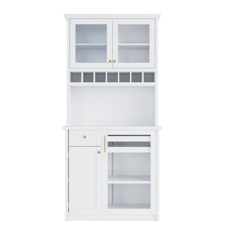 35.4 Inch Farmhouse Buffet, Freestanding Hutch with Wine Rack & Adjustable Shelves, Tall Pantry Storage Cabinet