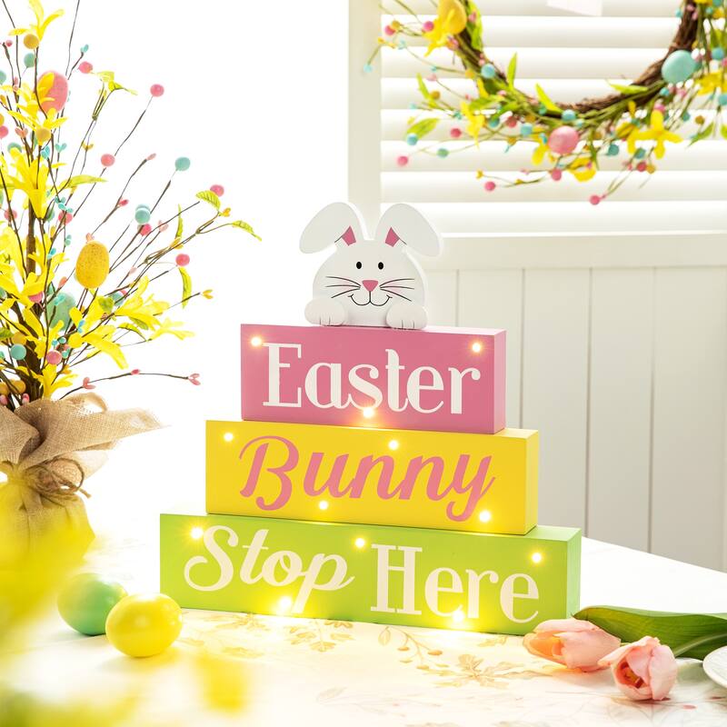 Glitzhome 12"L LED Lighted Easter Wooden Bunny Block Word Sign Table Decor Spring Gifts