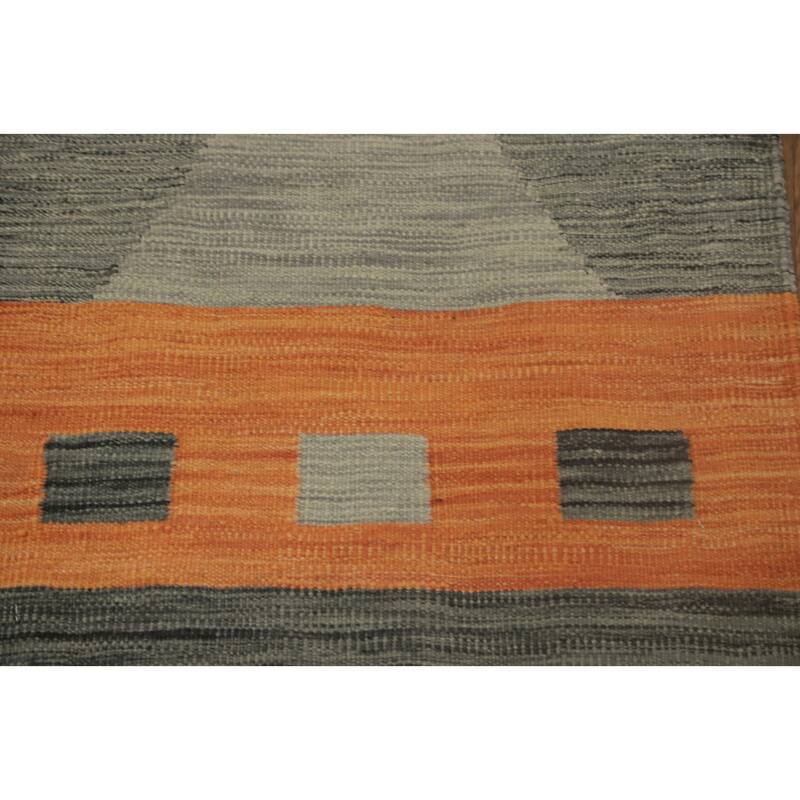 Hand Woven Oriental 100% Wool Carpet Southwestern Modern Greys & Charcoal Kilim Runner Rug - 7' 10'' X 2' 0''