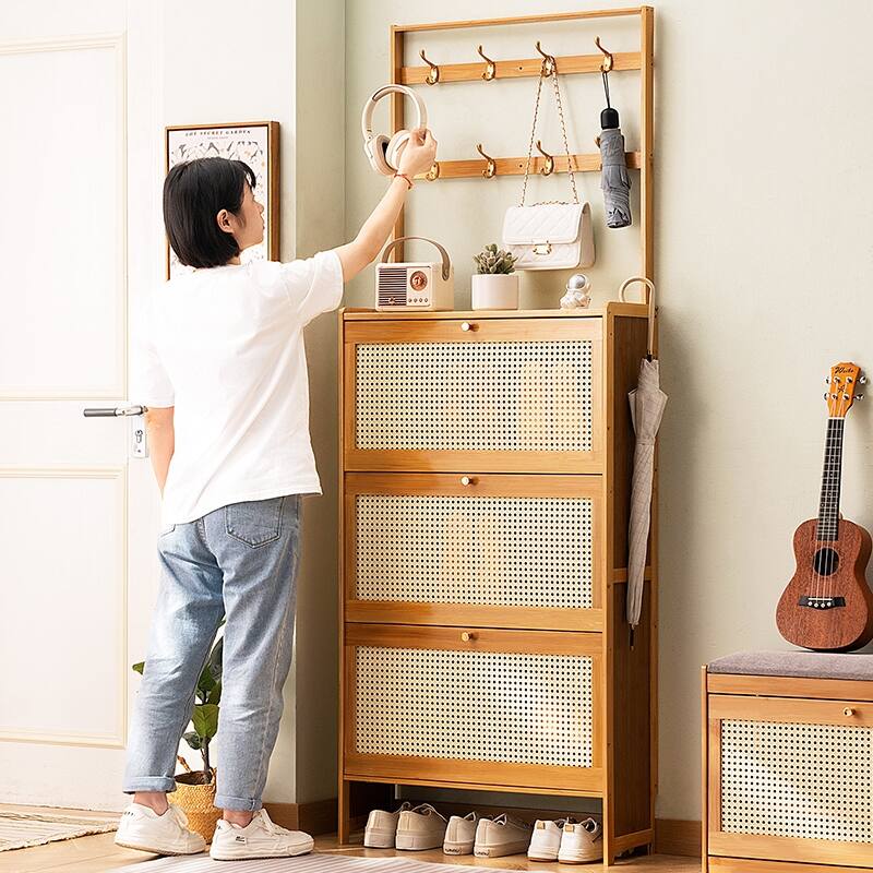 Shoe Cabinet with 3 Rattan Flip Drawers, Bamboo Shoe Storage Cabinet with Coat Hooks, Freestanding Shoe Cabinet Storage