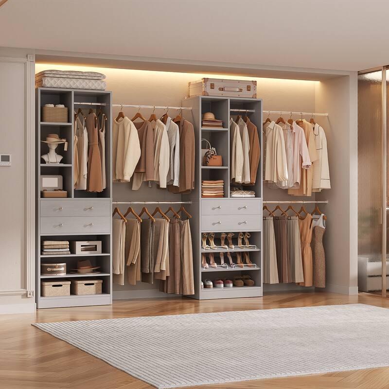 Set of 2 Closet System with 6 Hanging Rods and 4 Drawers, Adjustable Closet System with Shelves and Shoe Rack